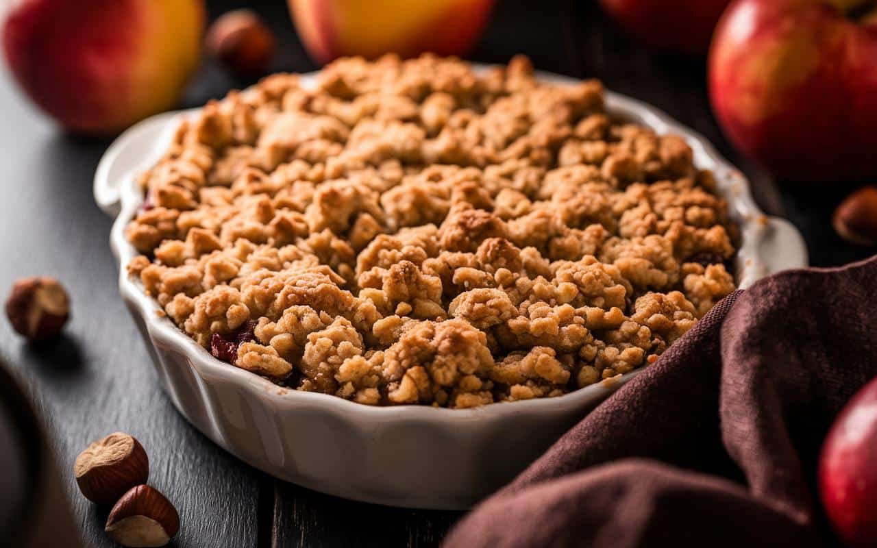 5 minut przygotowania, 25 minut pieczenia: crumble z jabłkami i orzechami laskowymi, chrupiące, złociste i bosko proste do wypróbowania tej jesieni